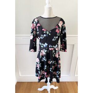 City Studio Womens Floral Fit & Flare Dress Size 18 Black Mesh Insert 3/4 Sleeve